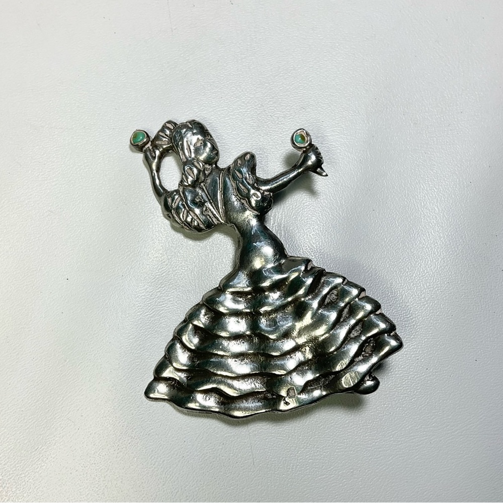 Vintage Sterling Silver Turquoise Mexican Flamenco Dancer Brooch